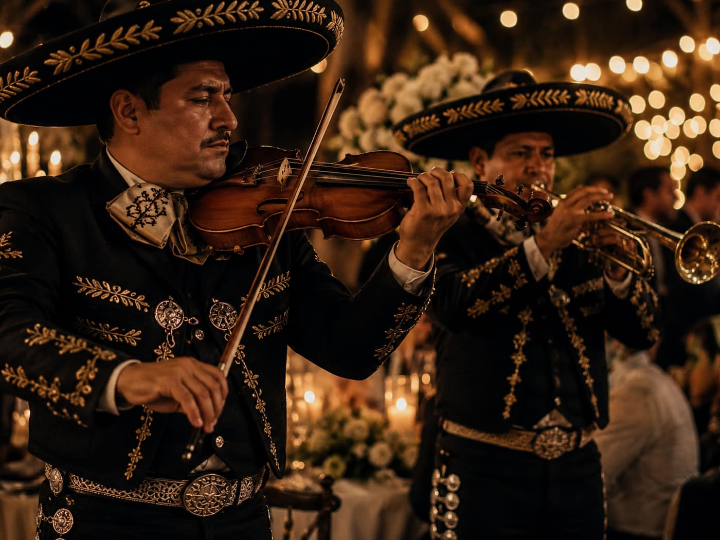 Dos músicos de mariachi con traje de charro tocando violín y trompeta en una recepción de boda iluminada con guirnaldas de luces